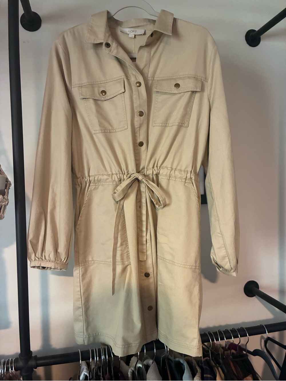 LOFT Women's Drawstring Shirt Dress Jacket in Beige